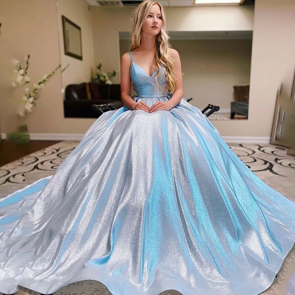 Customized Shiny Princess V-Neck Prom Dress Sexy Exquisite The Fairy Floor Length Slim A-Line Dresses Blue Ball Gown Party 2024