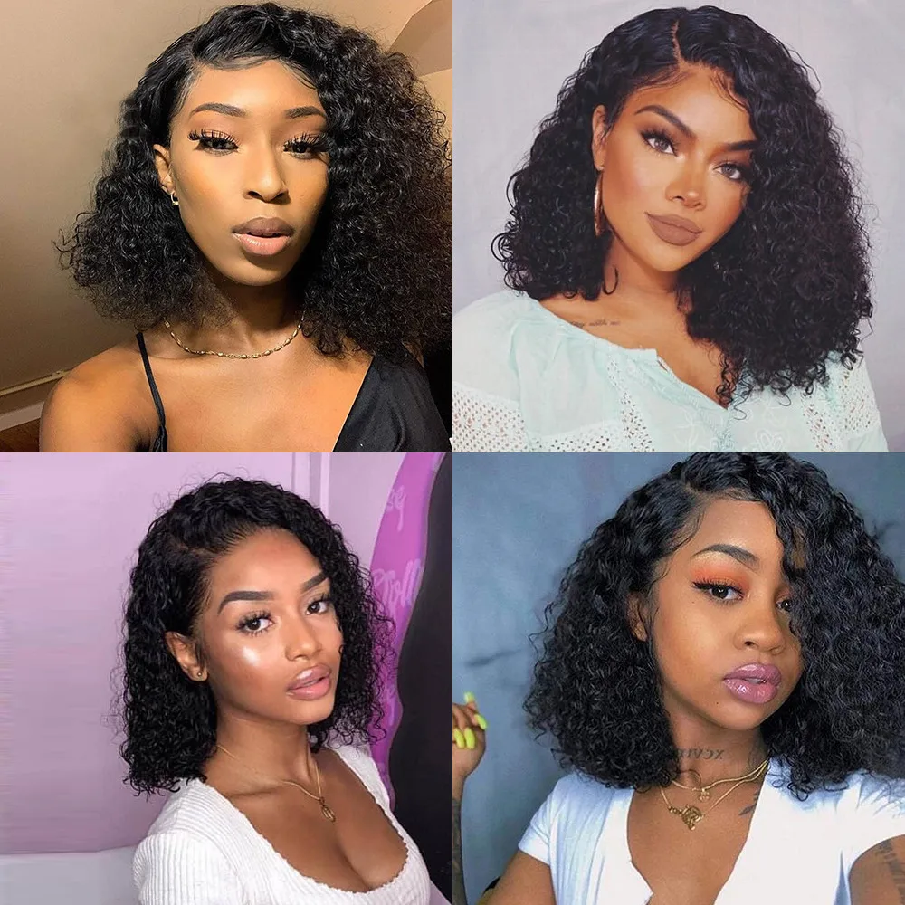 Lace Part 150% Density Brazilian Remy Short Bob Curly Human Hair Wigs For Black Women Side Part Pre Plucked Hairline 14 Inch