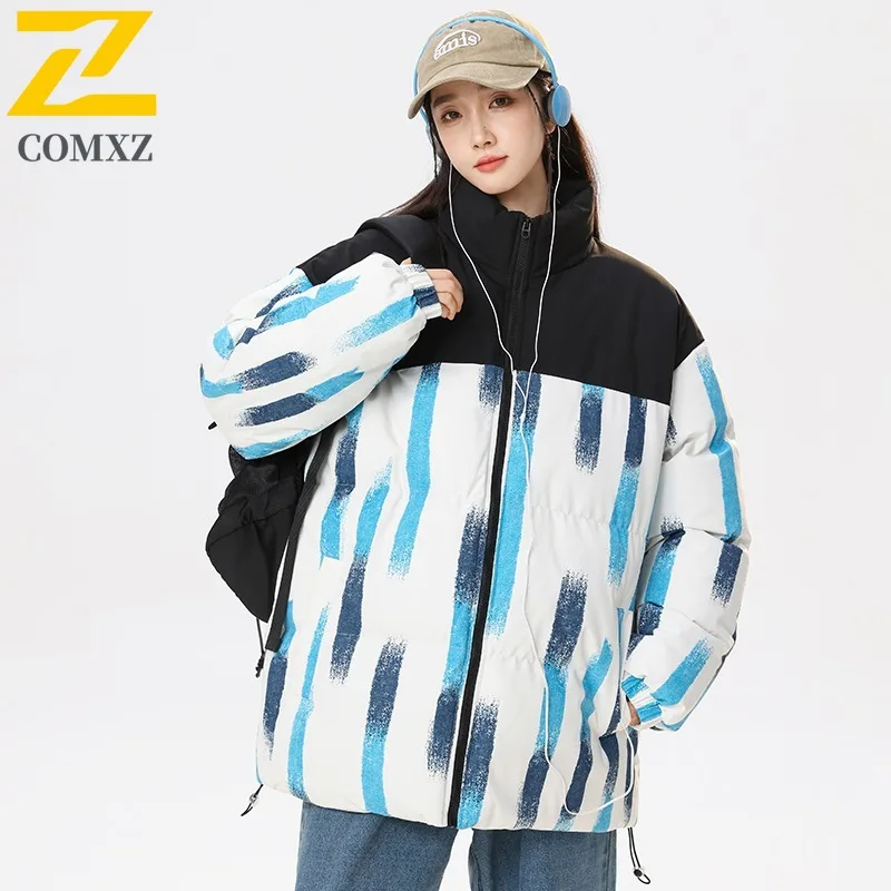 COMXZ 2025 New Autumn Winter Stand Collar Color Block Padded Coat Unisex Casual Sports Outwear Candy Color Trendy Couple Jacket