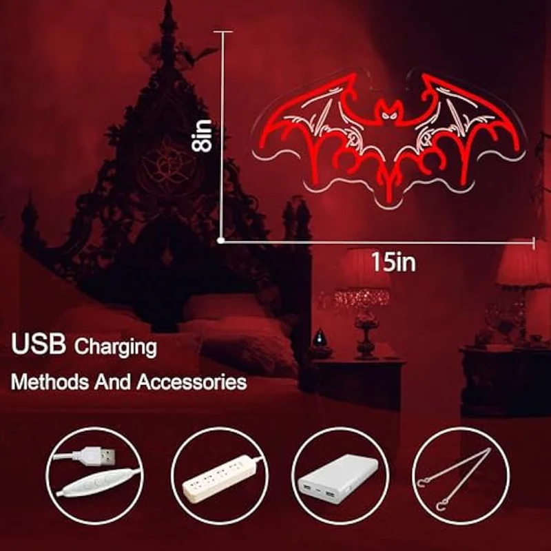 Bat Neon Sign Victorian Gothic LED Lights Decor Spooky Halloween Room Accent Unique Gothic Home Decor Gift for Gothic Lovers