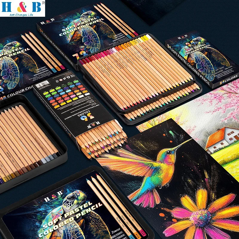 Juego de lápices de colores Pastel H & B, 24/36/48/72 Uds., 4,0mm, textura aterciopelada, plumas para colorear de madera de álamo ecológico, suministros Premium para artistas