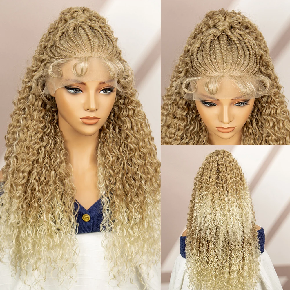 Honigblonde Cornrow-geflochtene Perücken mit Babyhaar, Afro-Lockenhaar, 27/613 #   Synthetisches lockiges Haar für schwarze Frauen