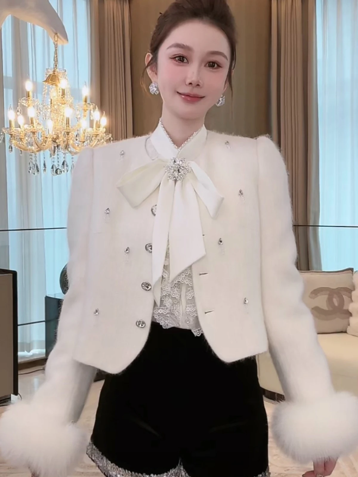 

AZZHEN White Goose down Woolen Women's Jaet Small Fraance Sle Commuter Korean Sle Slim Fit ort Length Coat