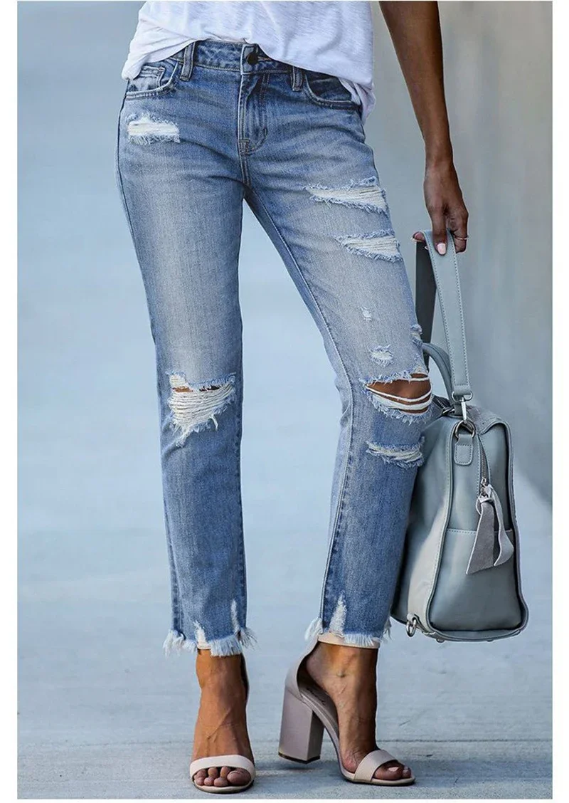 Fitshinling Ripped Slim Vintage Jeans Pencil Pants For Women Clothing Tassel Vintage Denim Trouser Female Bleached Pants New In