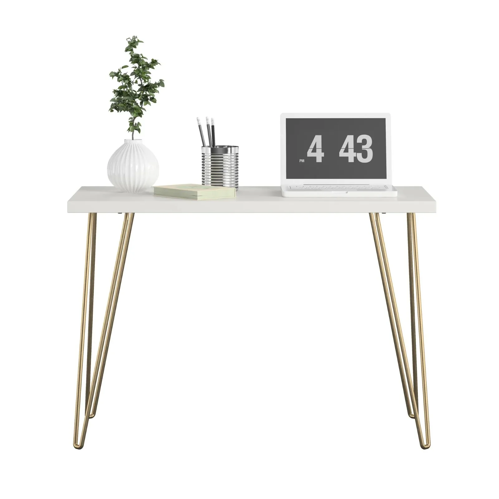 US Tamarack Retro Computer Desk, White/Gold Legs Made of laminated particleboard with powder-coated metal legs, the white finish