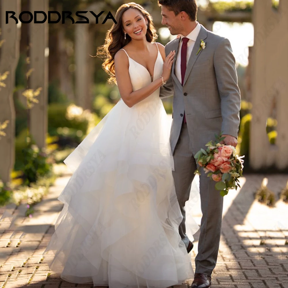 RODDRSYA-vestidos De novia con tirantes finos, tul De encaje, Espalda descubierta, línea A, cuello en V, satén, playa, fiesta De noviavestidos De novia con tirantes finos, tul De encaje, Espalda descubierta, línea A, c