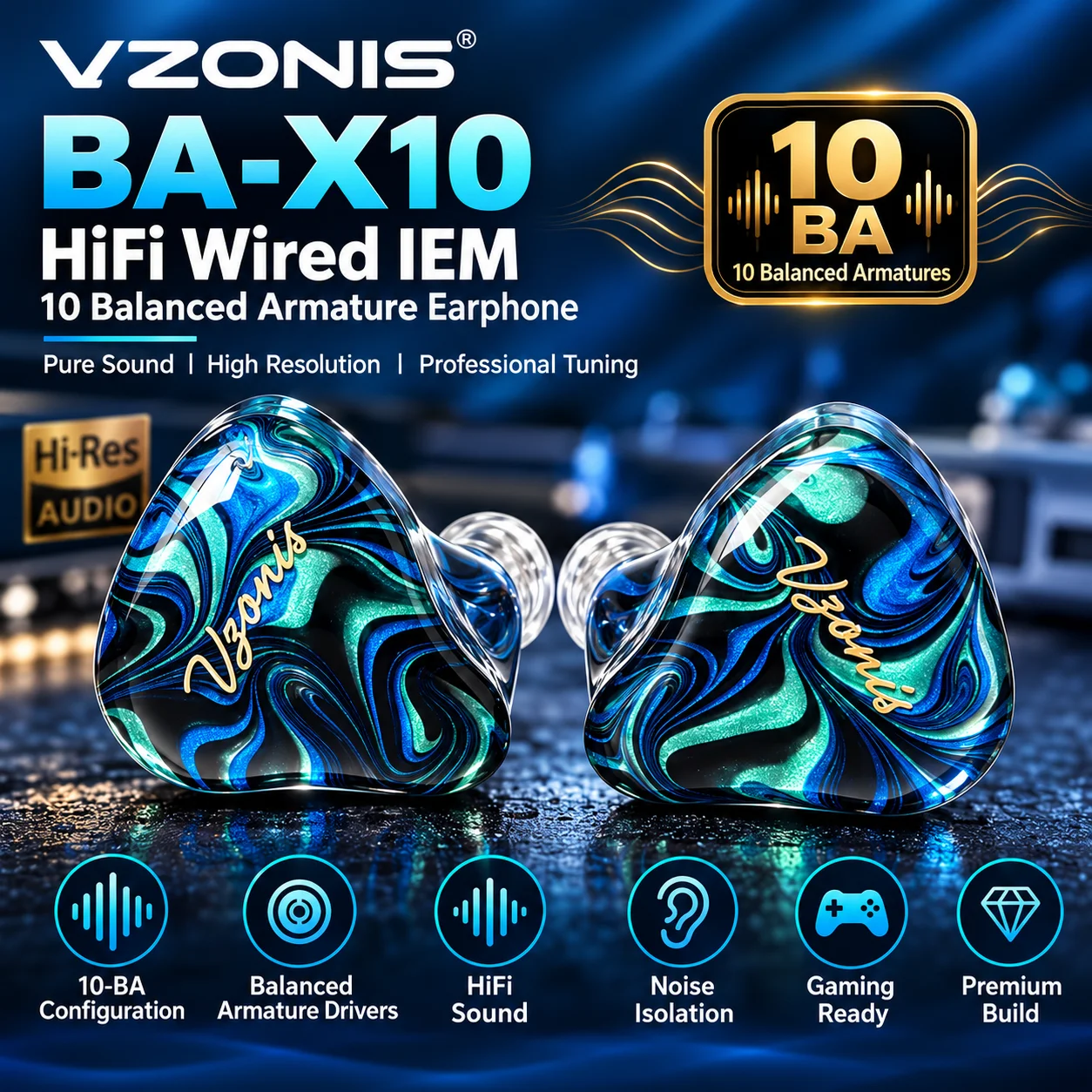 VZONIS BA-X10 HiFi Wired IEM 10-Unit In‑Ear Earphone Dynamic Driver Stereo Deep Bass Noise Isolation For Audiophile Music Gaming