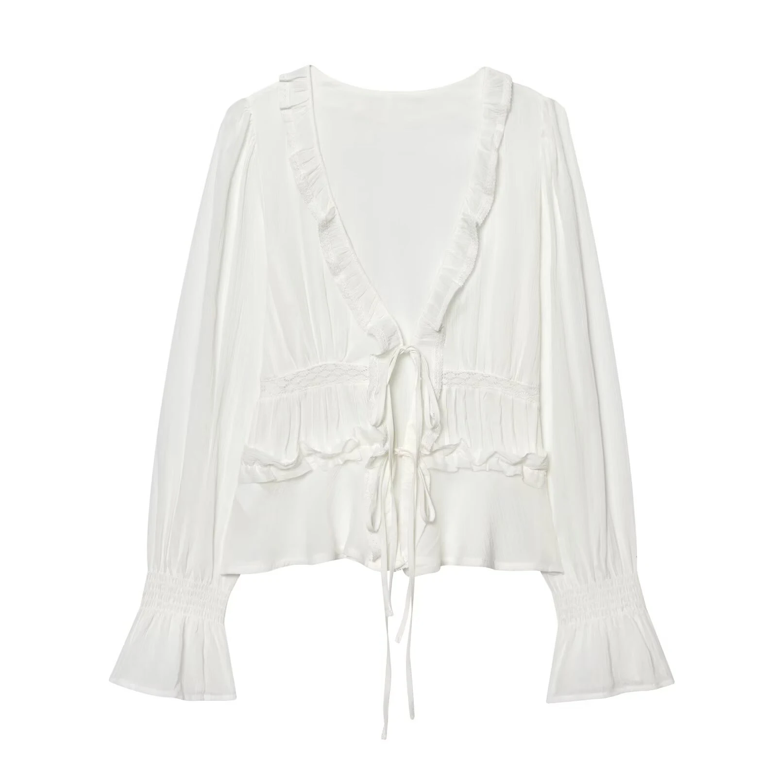 

2026 Spring/Summer New Product Women's Bow Tie V-neck Long Sleeve Chiffon Embroidered Stacked Decorative Shirt
