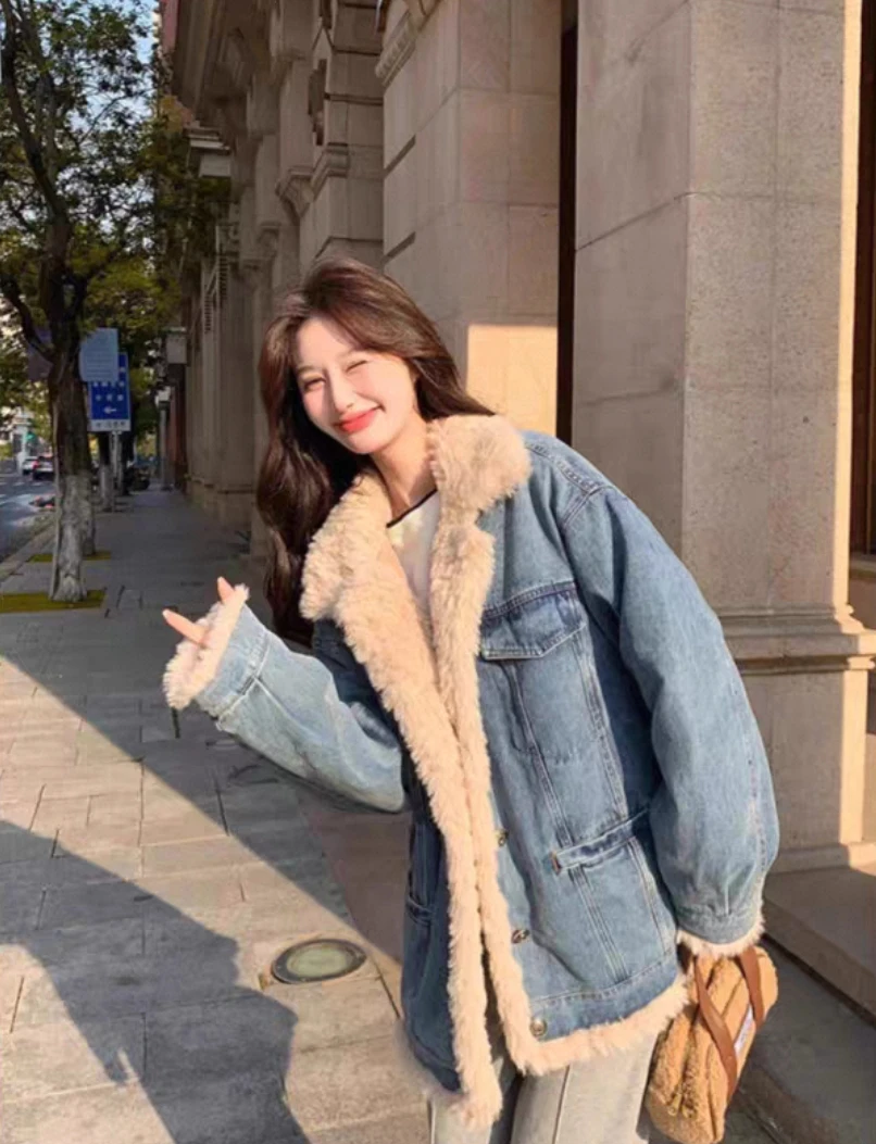 

Denim Coat Long Patch Fur Plush Womens Autumn Buttoned Pleated Standneck Outwears Preppy Style School Kpop Checked Corduroy Chic
