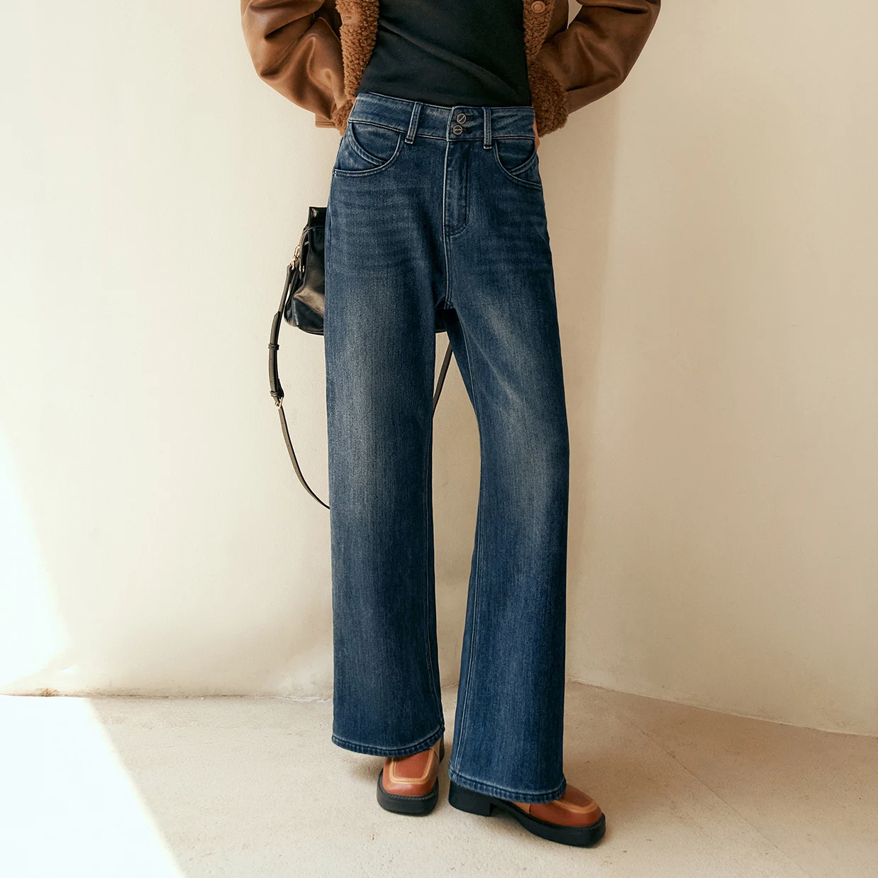 OLrain Women's Denim Jeans 2026 Spring Winter High-waist Straight Wide-leg Pants Vintage Casual Blue Trousers Female O56DK95288