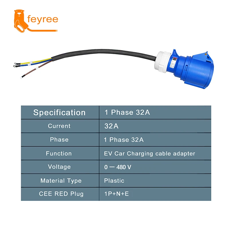 Fey123-Chargeur EV Portable avec Prise Femelle CEE, Adaptateur 3 Broches, Connexion Étanche, Prise Murale, 32A, 1Phase, 7KW