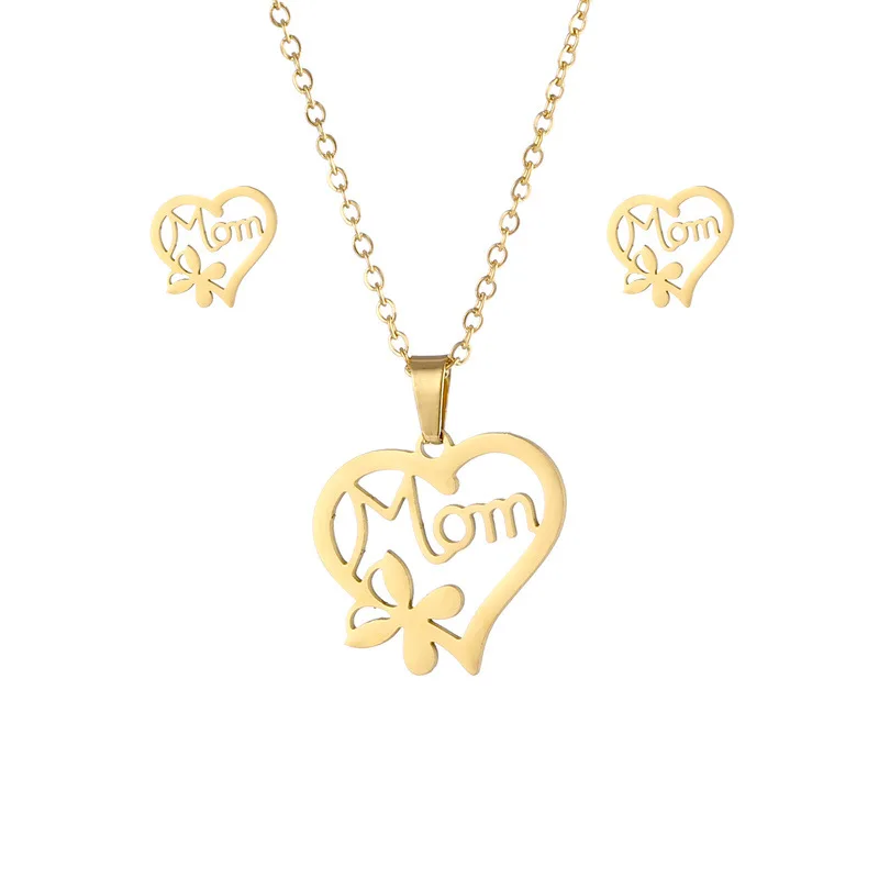 Mom Gold Necklace Earrings Stainless Steel Jewelry Set for Women Mom Earrings Pendant with 50cm Chain Mother's Day Gift for Mom