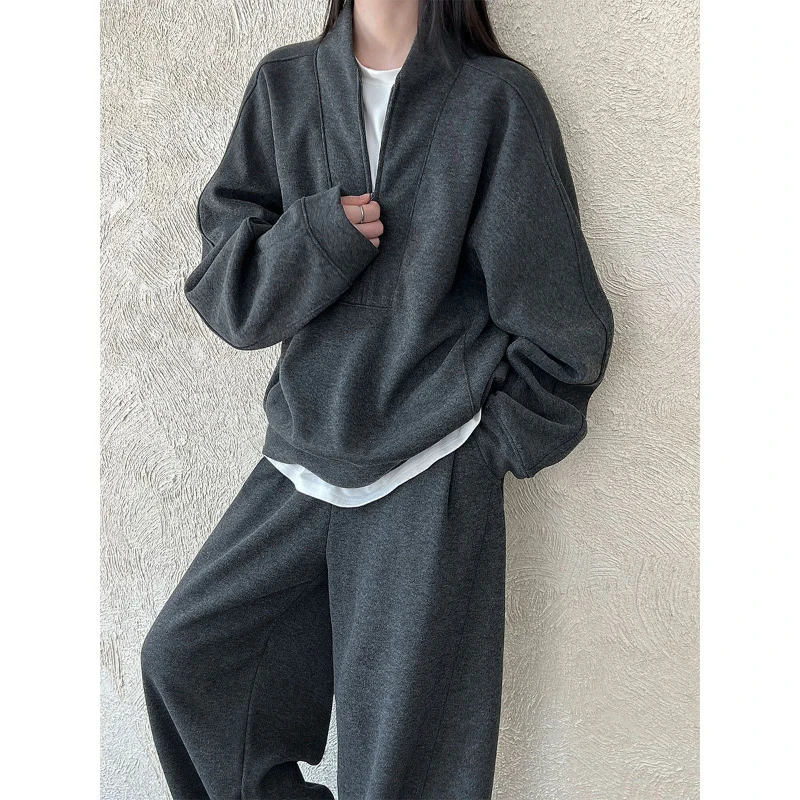 

Relaxed Fleece Hoodie and Curved Pants Two Piece Women Casual Set