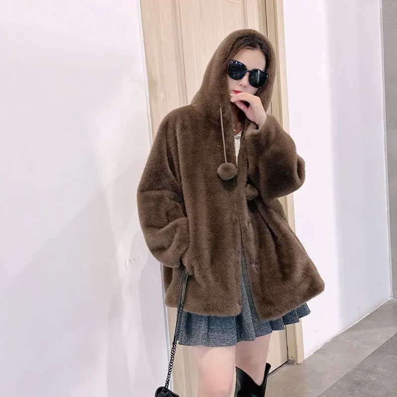 Mid-Length Witch fur Gold Mink Cashmere Coat Women's Fur One Hooded Jacket Fall/Winter Fashion Trend All-In-One Cardigan Fur