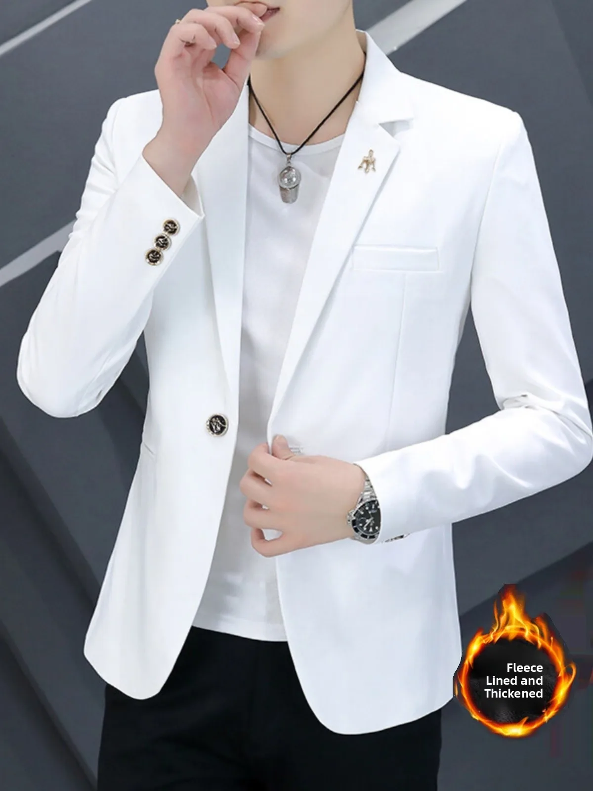 

Men's Fce Lined Thiened Casual Suit Jaet Stand Fit Faion Urban Sle Spring Season Long Sve Single Button Closure