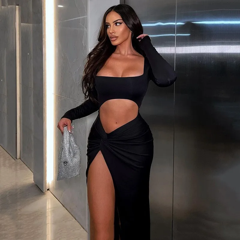 2025, sexy Streetwear-Kleid für Damen, offen, quadratischer Ausschnitt, seitlicher Schlitz, bauchfreies Top mit Gitter-Ausschnitt-Design für Alltag und Ausgehen