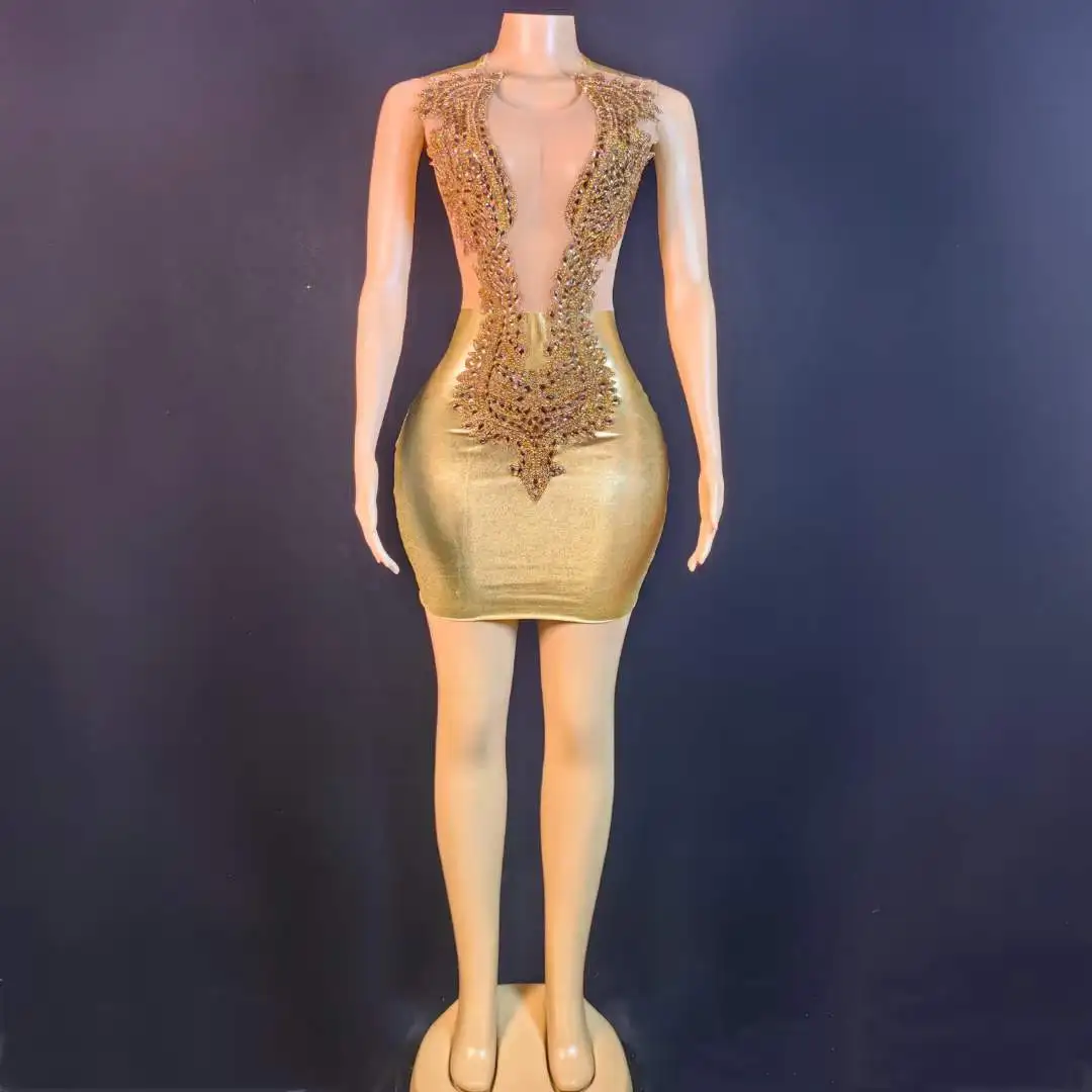 Gold Sparkly Rhinestone Sexy Short Dress Women Birthday Prom Evening Performance Costume Drag Queen Outfit Sleeveless Stage Wear