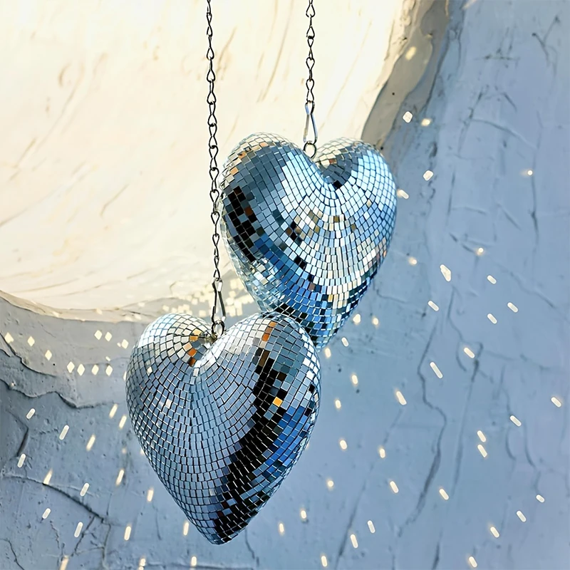 1pc Heart Shape Disco Ball Reflective Glass Party Atmosphere Hanging Decorations Colorful Disco Ball With Chain Party Supplies