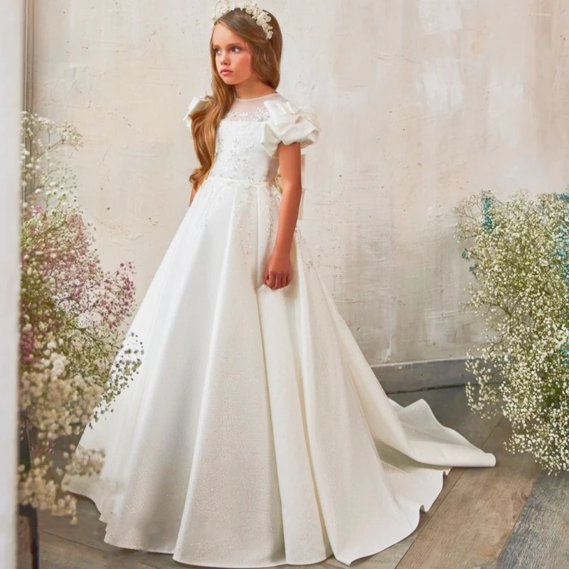 Robe à fleurs pour filles, col transparent, en dentelle, avec des Appliques florales, bouffantes, avec nœud, pour mariage, fête d'anniversaire, spectacle, Communion