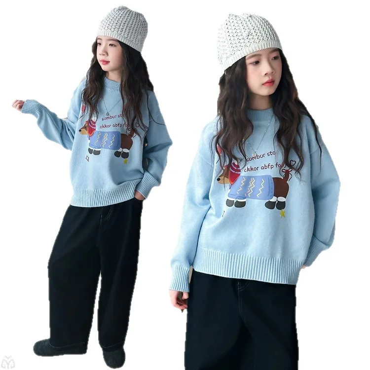 

autumn winter teen Girls round neck cartoon Embroidered dog sweater pullover sweater junior kid knitted sweater loose top studen