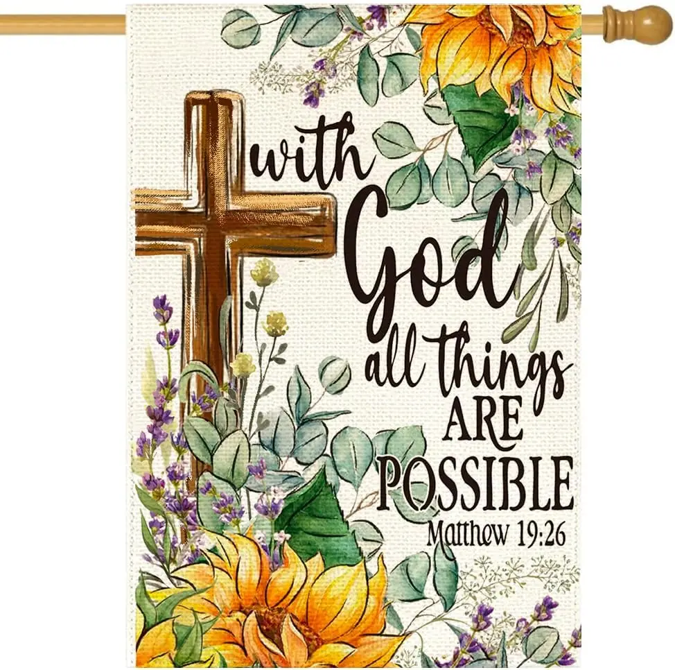 RABUSOFA Summer House Flag 28x40 Inch Double Sided Outside,Sunflower With God All Things Are Possible Spring Floral Cross Ya yyi