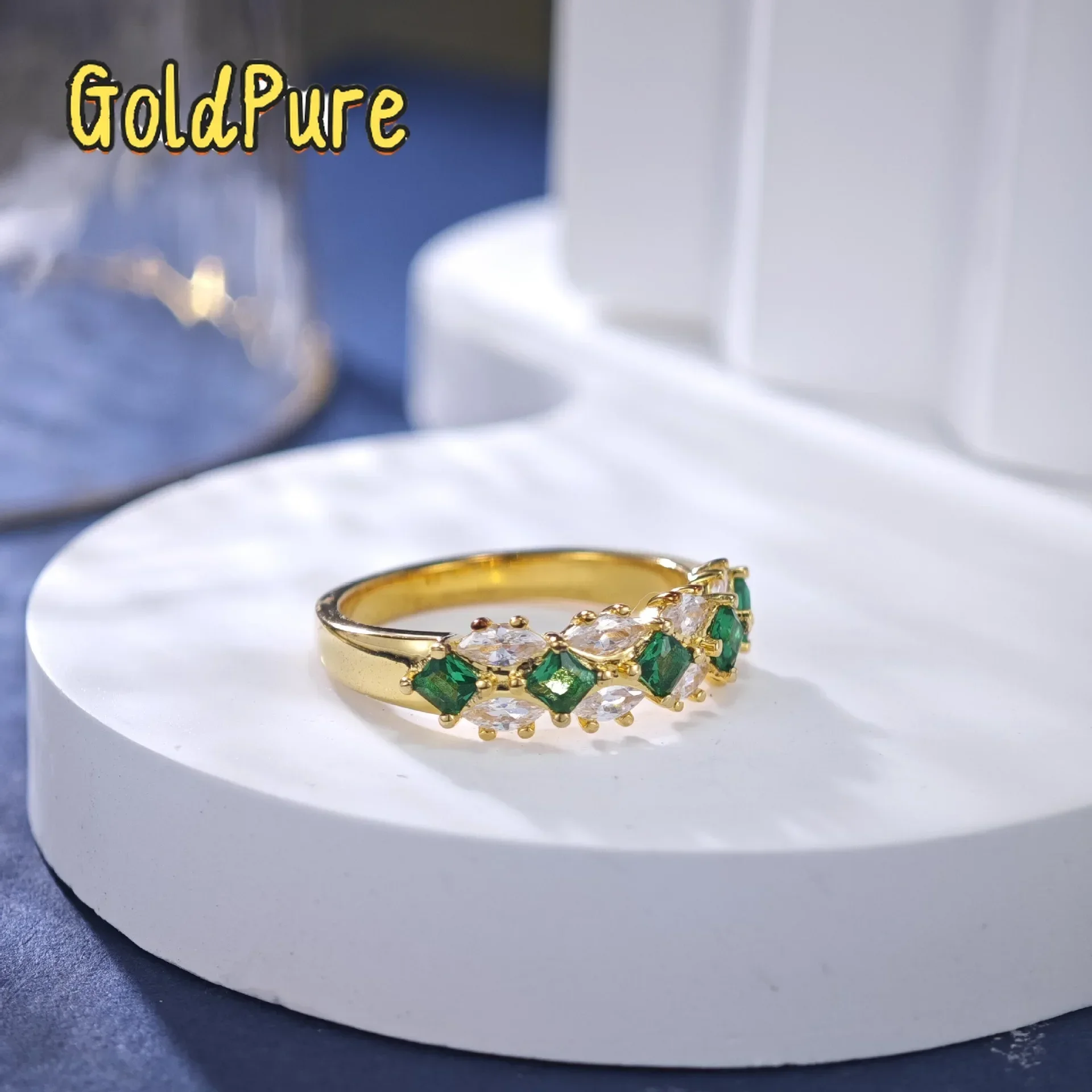 

Goldpure Luxury 100% Real 18k Gold Women's Vintage Emerald Row Diamond Ring Moissanite Ring