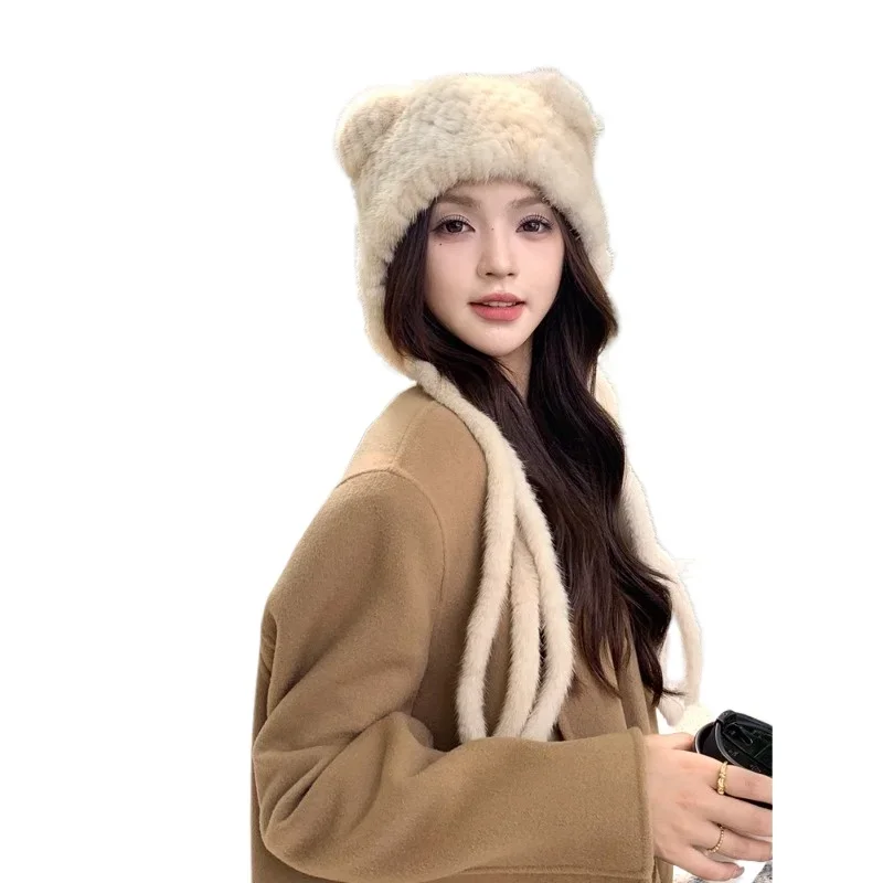 Mink hat woven long tassel small ear knit hat women's winter warm ear fur hat sweet and cute