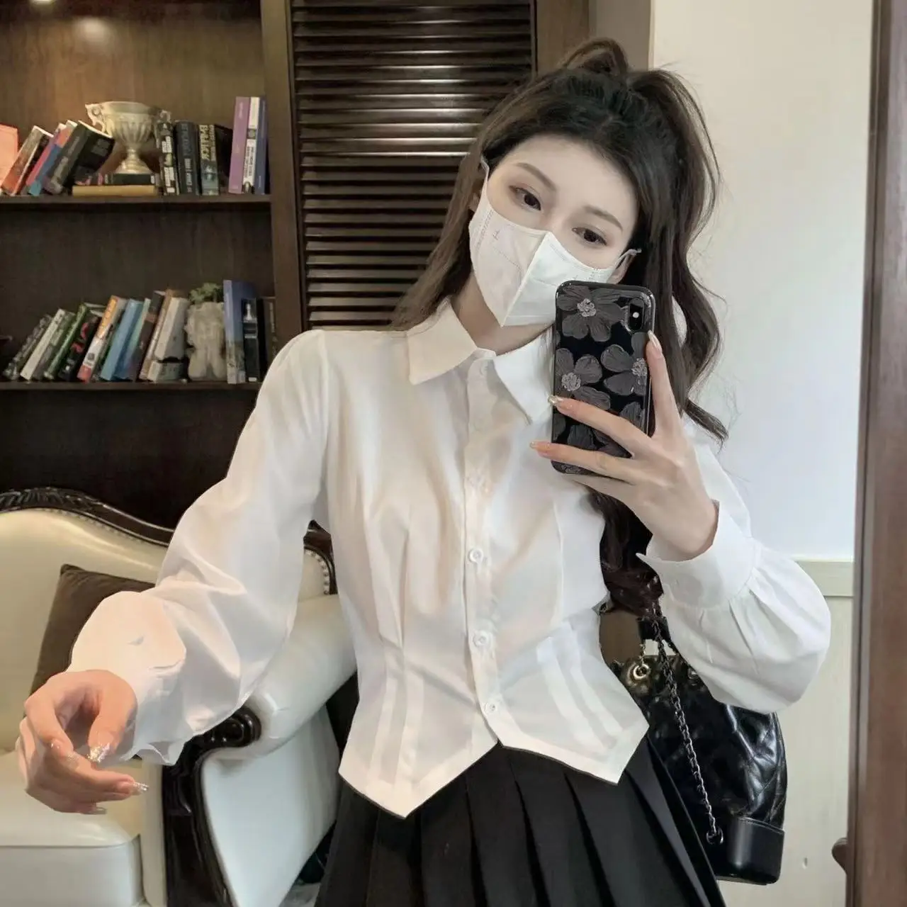 White Long sleeve Crop Shirt Women Slim Tunic Button up Basic Blouse School Top Female Swallow tail Formal