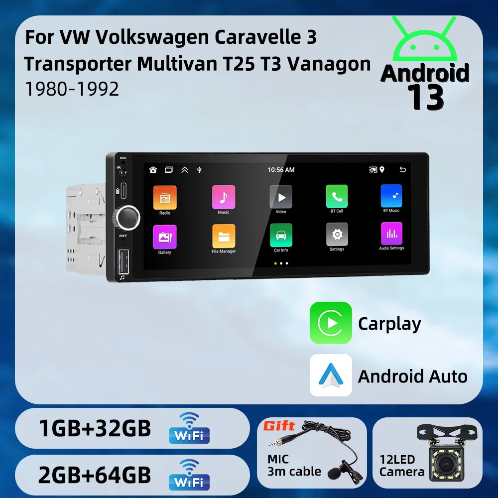 

1 Din Carplay Car Radio Android Multimedia for VW Volkswagen Caravelle 3 Transporter Multivan T25 T3 Vanagon 1980-1992 6.86"
