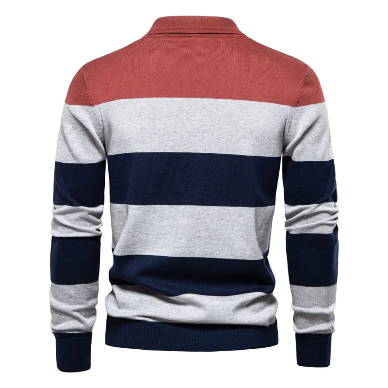 

Autumn New Men's Long SleevePOLOCollared Sweater Slim Fit Turn-down Collar Striped Patchwork Men's European Size Knitwear
