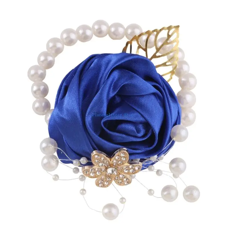 652B Artificial Pearls Wedding Wrist Corsage Satined Rose Flower Elastic Wristband