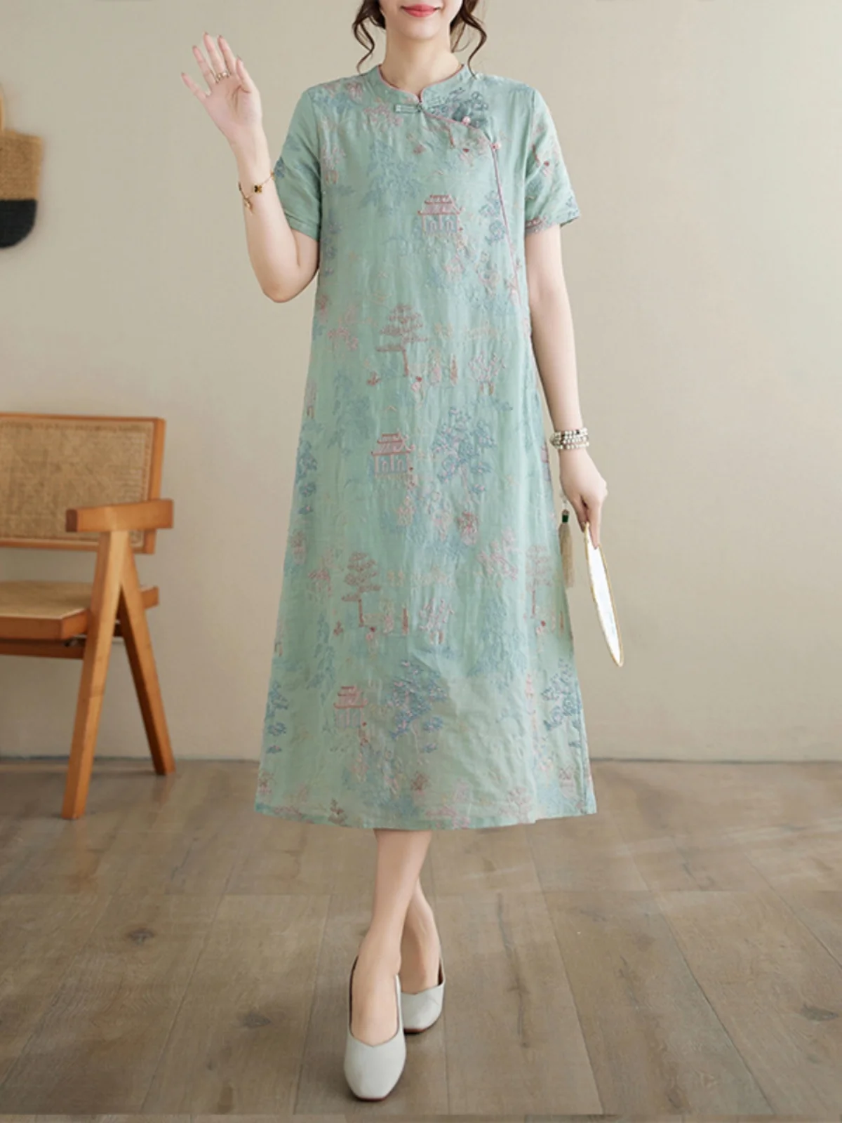 ชุดกี่เพ้าสไตล์จีนโบราณ ปักลายหนัก งานประณีต กระโปรงยาวทรงหลวม ผ้าฝ้ายบางเบาสำหรับฤดูร้อน หรือชุดเดรสยาว