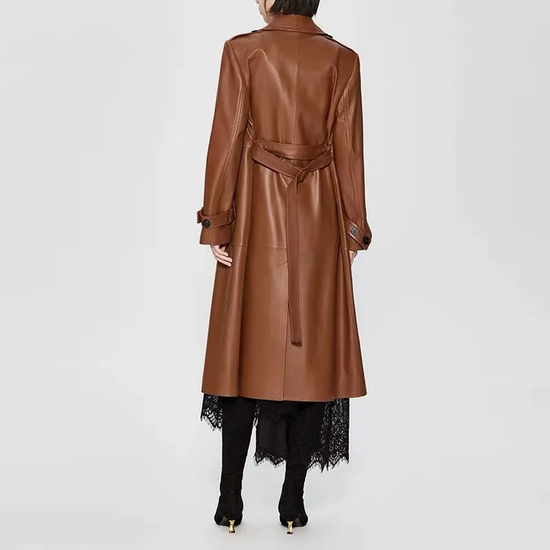 Retro Brown Leather Jacket Women Sheepskin British Style Lapel Double Breasted Belt Loose Long Trench Coat Kurtka Damska Zimowa