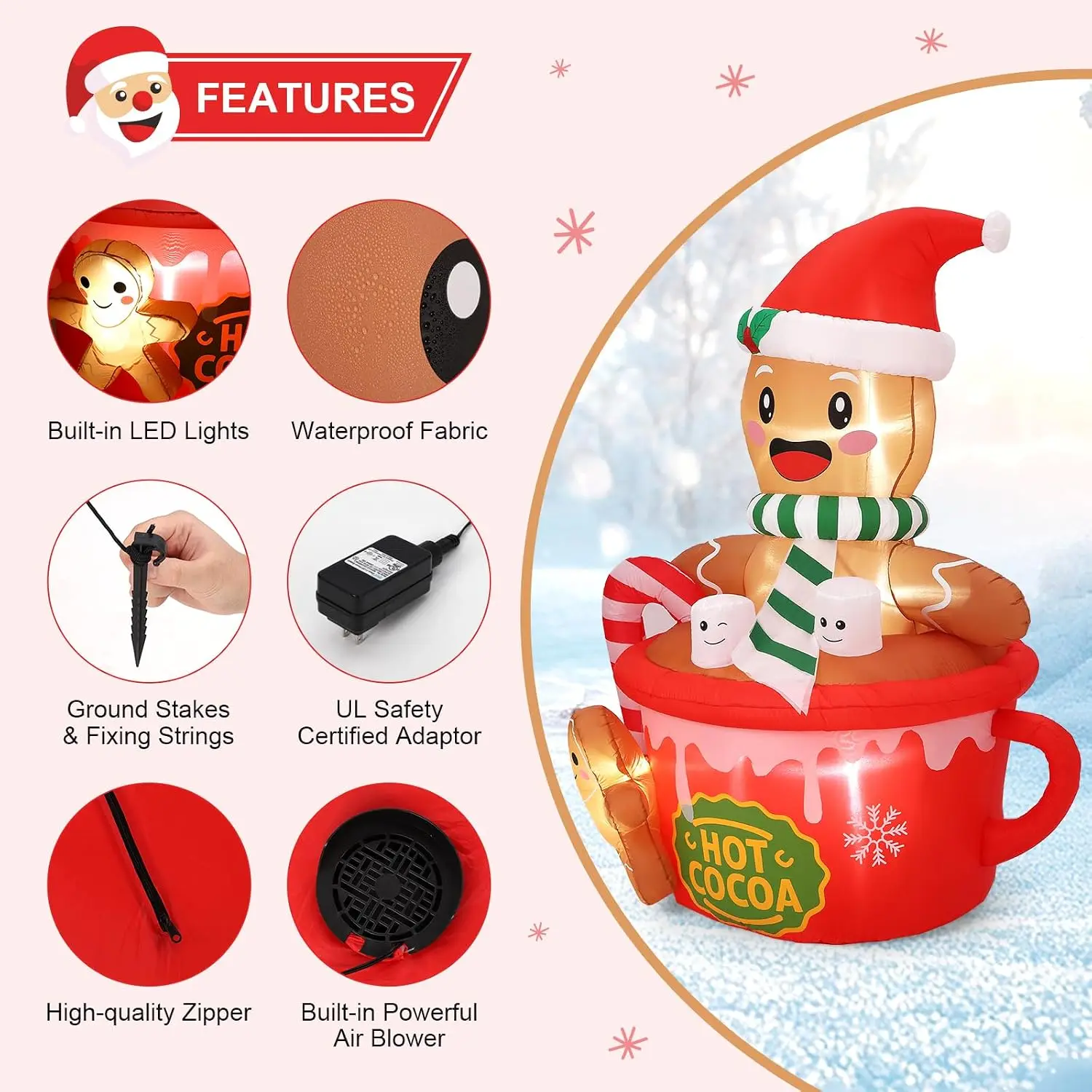 6FT Christmas Inflatables Outdoor – Gingerbread Man with Hot Cocoa Cup, Lighted Blow Up Yard Decorations with Built-in LEDs for Indoor/Outdoor Holiday Party Garden Lawn