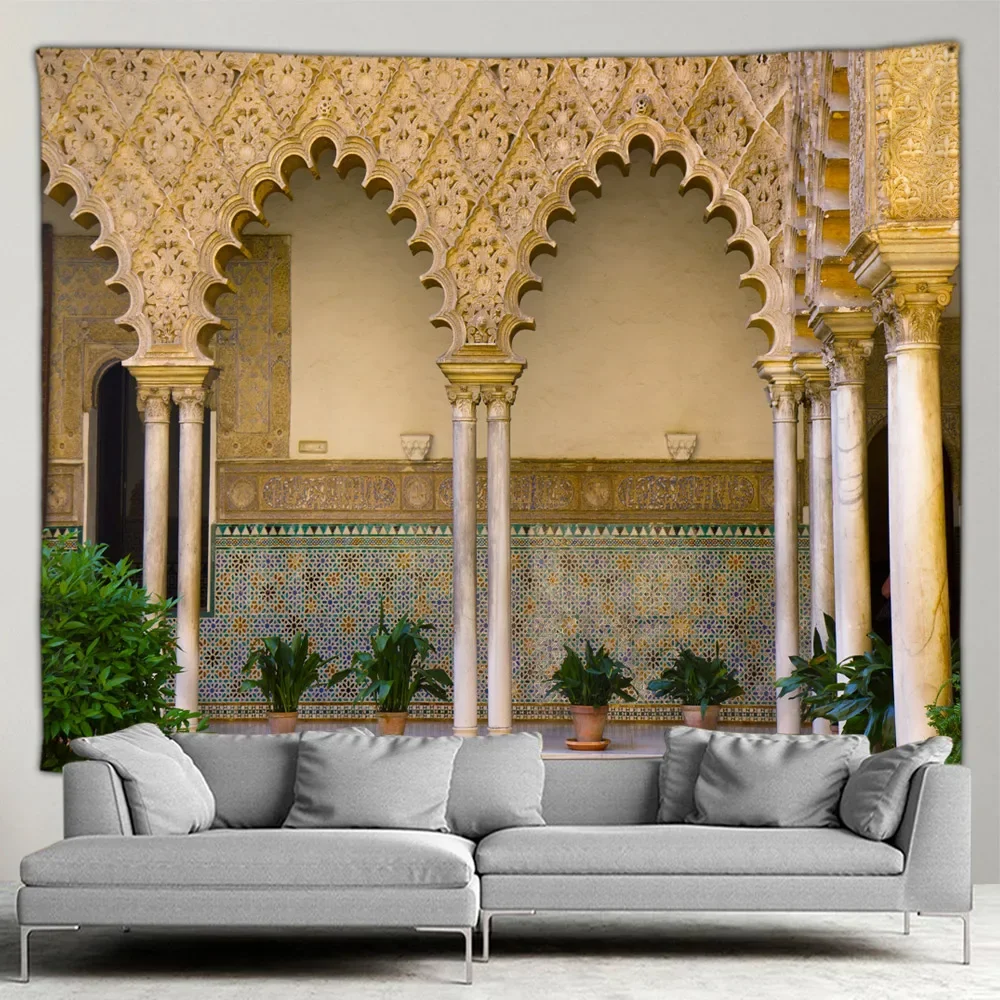 Moroccan Architectural Tapestry Retro Islamic Geometric Pattern Wall Hanging Bohemian Living Room Bedroom Home Wall Decor Mural