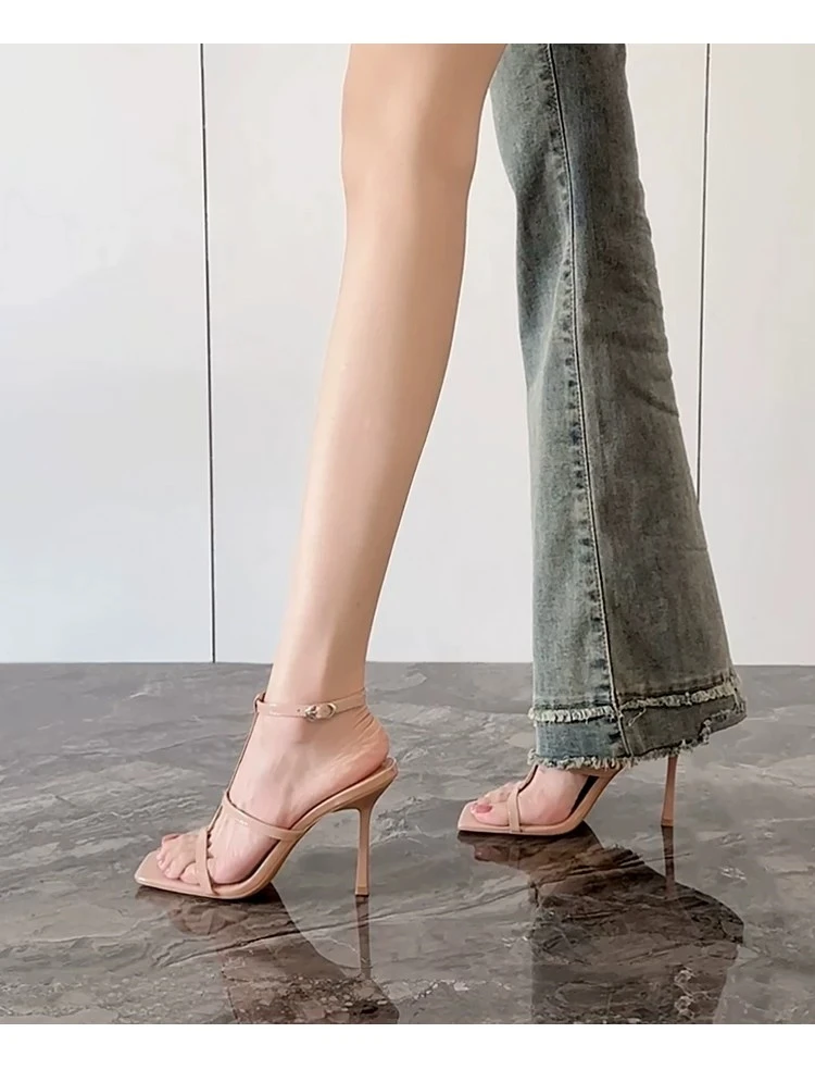 Sheepskin Version~ French-style High-heeled Thin-strap Nude Sandals, Summer Versatile Square-toe Wrap-around Sandals