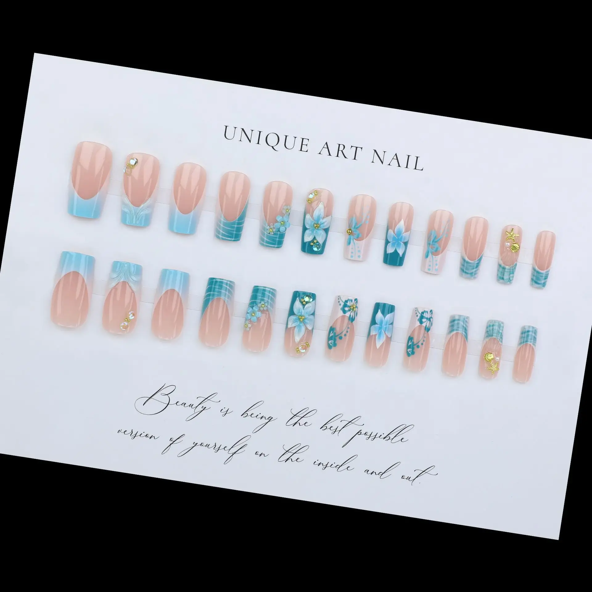 24枚入り フレッシュグリーン 3Dエンボス加工 花柄 フェイクネイル フレンチゴールドビーズ ファッション 付け爪 ヨーロッパアメリカンデザイン つけ爪セット