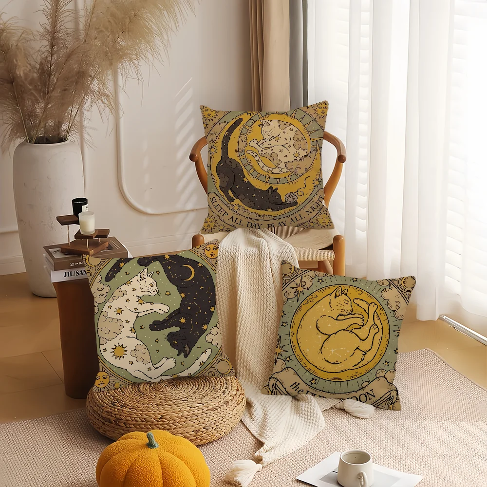 Cat Live By Sun Love By Moon Pillow Case Bedroom Sofa Living Room Backrest Decoration Square Cushion Nap Time