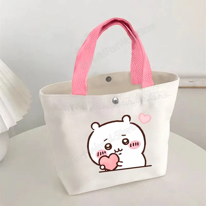Cartoon Chiikawa Damen-Canvas-Handtasche Hachiware Usagi Tragbare Tragetaschen Niedlicher Aufdruck Kleine Tasche für Frauen und Mädchen Einkaufstasche – Detail 1