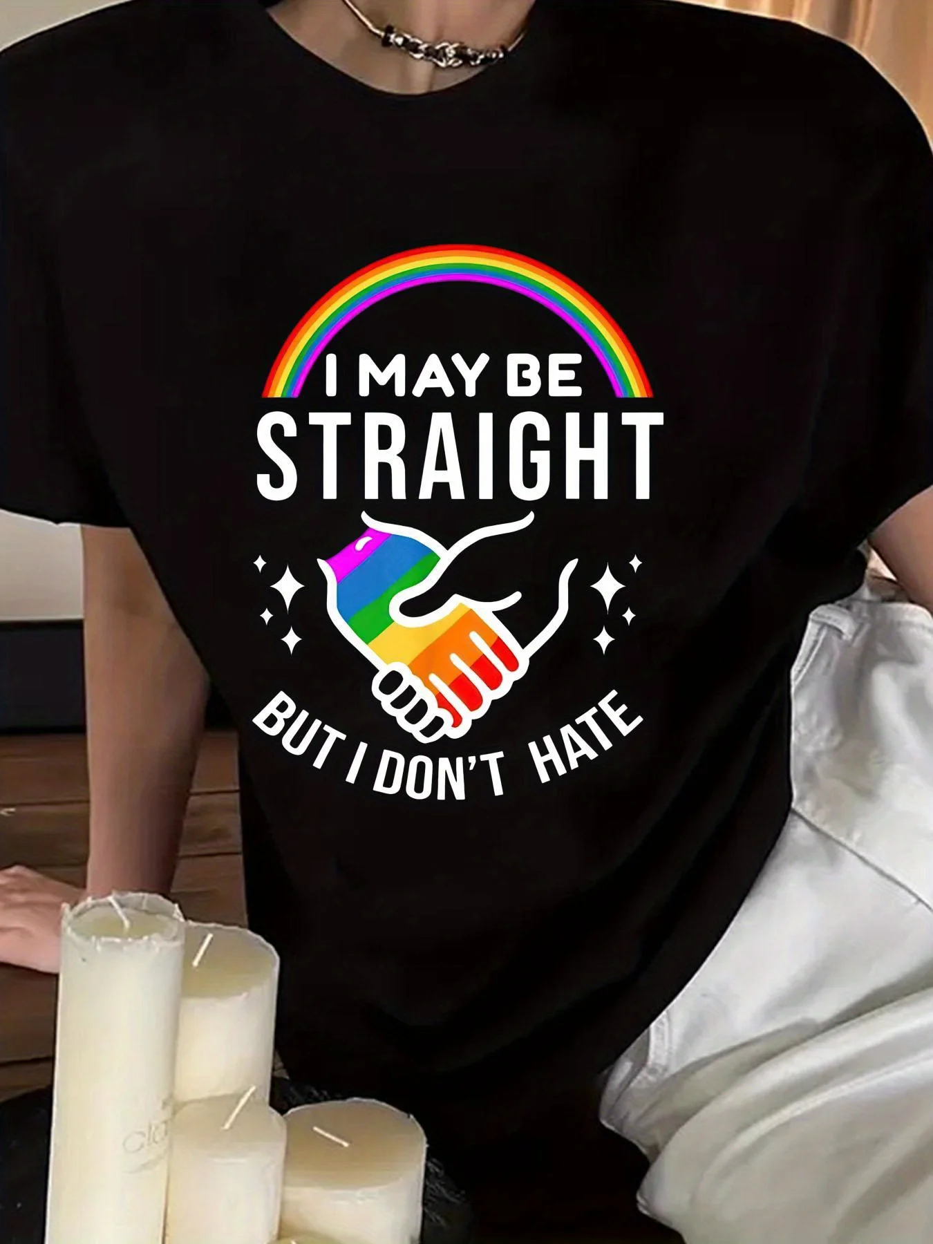 Rainbow Pride Graphic Womens Black Crew Neck Tee Casual Polyester Statement Shirt I May Be Straight But I Dont Hate Summer Top