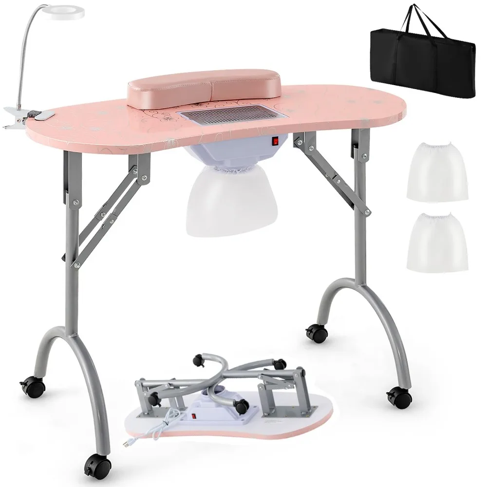 Manicure Table with Electric Dust Collector, USB-plug LED Lamp, Wrist Rest, 4 Lockable Wheels, Foldable Nail Desk with Carry Bag