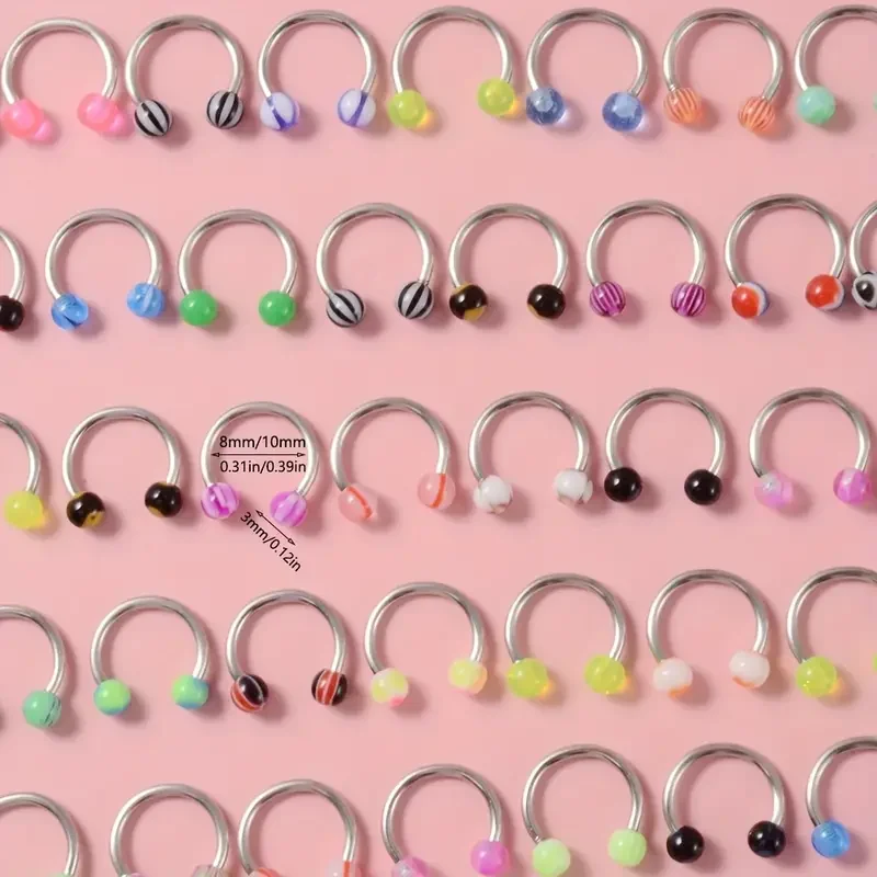 50 Pcs/Lot Mixed Colorful Ball Horseshoe Nose Ring Set Simple Nose Piercing Jewelry Steel Acrylic Nose Studs Body Jewelry