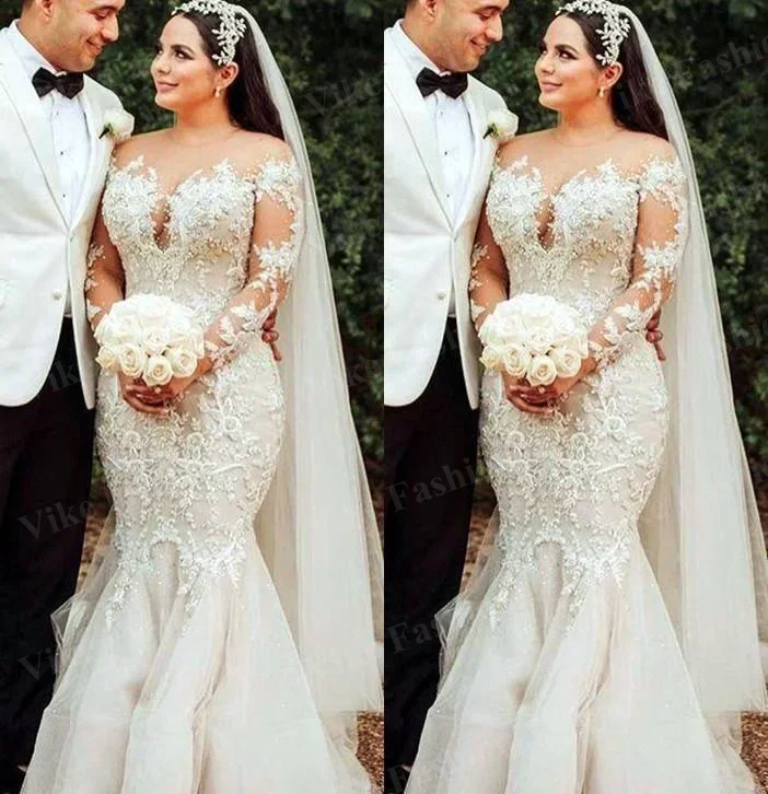 Maßgeschneiderte Perlenhochzeitskleider mit langen Ärmeln, Brautkleid, Spitzenapplikation, Kristall-Juwelenausschnitt, maßgeschneidert, Country-Garde