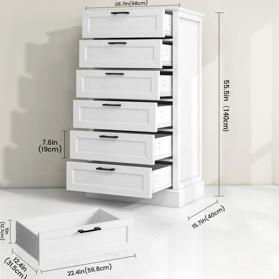 Cassettiera a 6 cassetti, cassettiera bianca alta 55 pollici per camera da letto, cassettiera moderna in stile fattoria per soggiorno camera da letto, legno