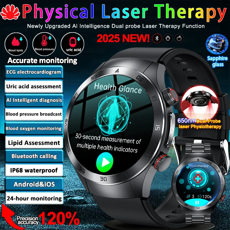 

2025 New Precise Laser Therapy Bracelet ECG Health SmartWatch Men Blood BP Lipid Uric Acid Tracker AI diagnosis Analysis Watches
