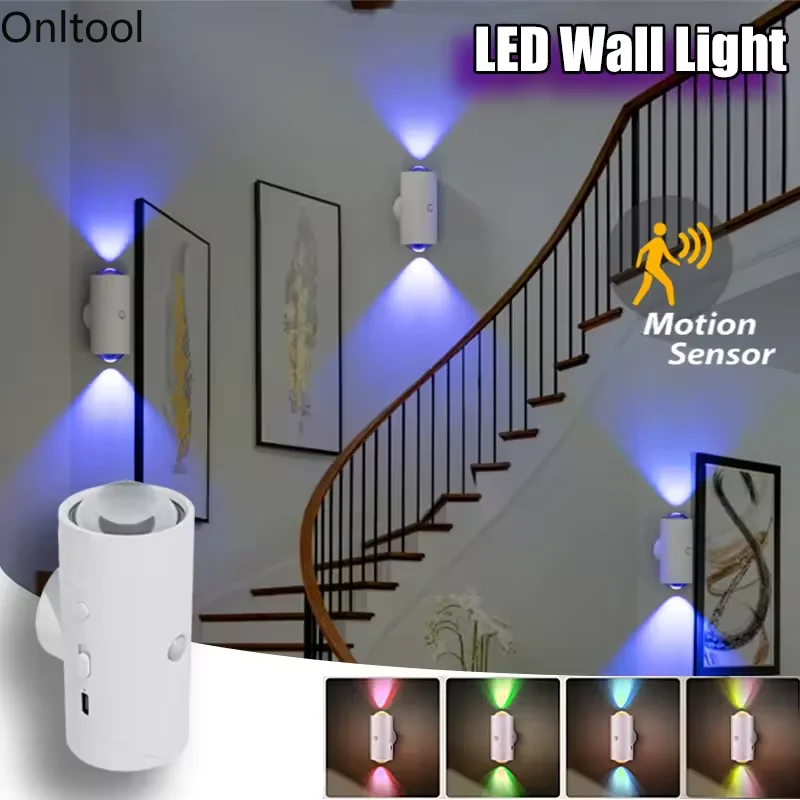 Motion Sensor Wall Lamp LED Wall Lights RGB Warmlight Home Decoration Light Up and Down Night Light Rechargeable for Stair Porch