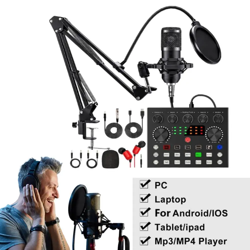 Paquete de equipo de Podcast con micrófono BM800 y tarjeta de sonido V8, equipo de Podcast, montaje de choque de Metal, filtro Pop de doble capa