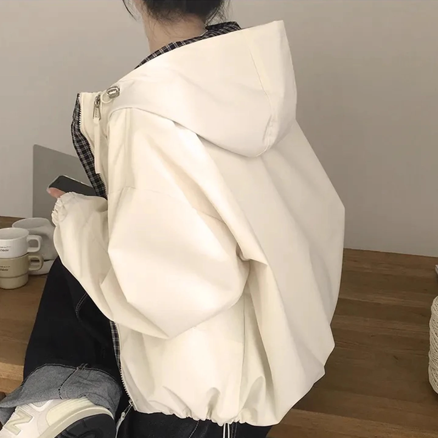 الرجعية منقوشة لصق ort Jaet المرأة فضفاضة عادية طويلة Sve قمة الخريف جديد Sle مادة القطن Faion ملابس خارجية #5