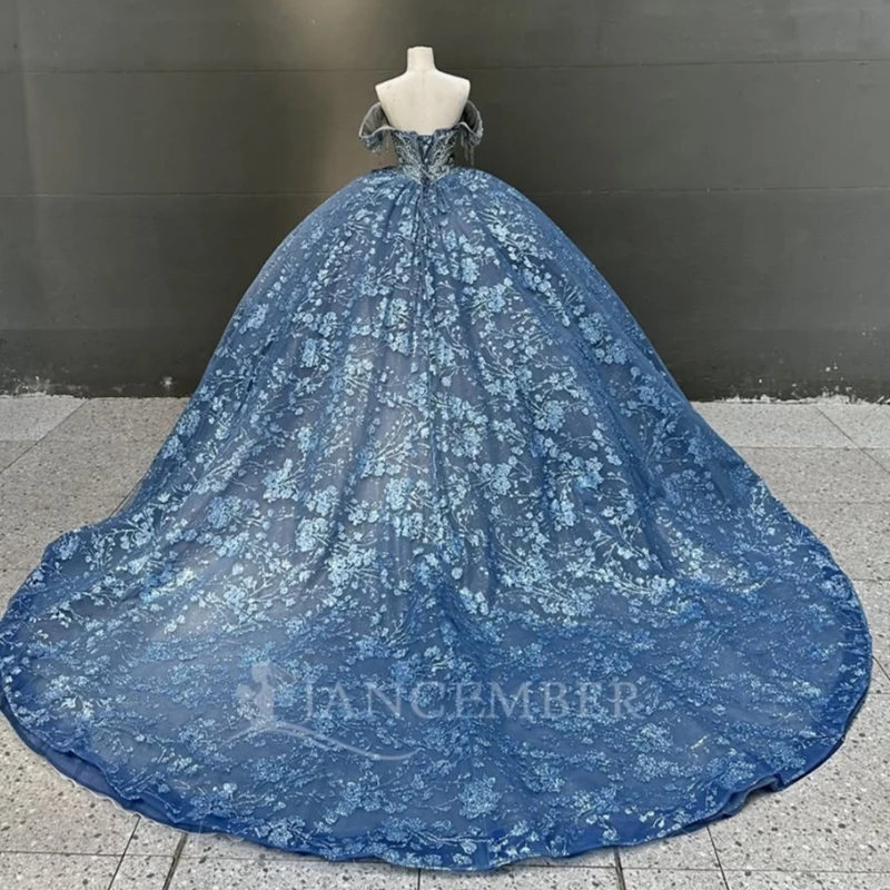 الأزرق الداكن لامعة فساتين Quinceanera الكرة ثوب قبالة الكتف الترتر زين الدانتيل الديكور تول حفلة عيد ميلاد الحلو 16 فستان
