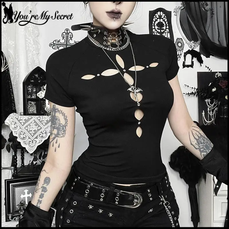 Gothic Hollow Out Cross Black T-shirt Women Sexy Hollow Out Slim Fit Top Fashion Rhinestone Short Sleeve Top 2026 Summer Outfits